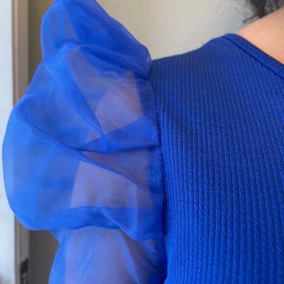 Blouse Blue Asymmetrical One-Shoulder Top With Sheer Puff Sleeve Fashion Elegant - Picture 14 of 16